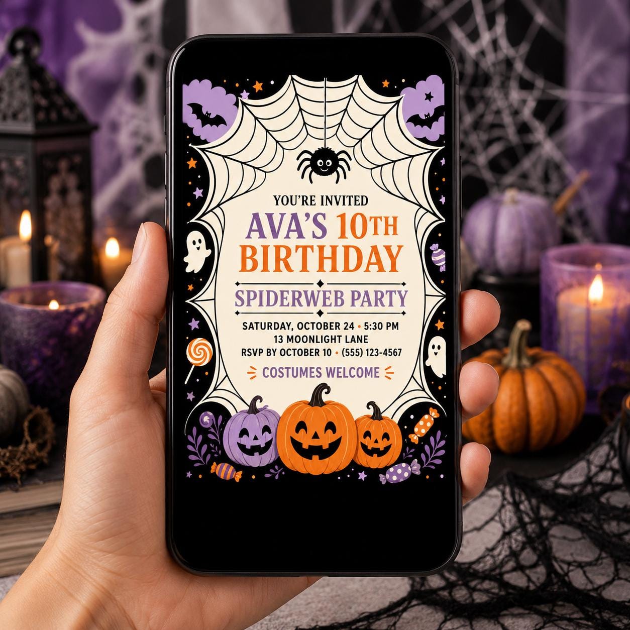 Spiderweb Birthday Invitation, Cute Halloween Party Invite for Kids, Pumpkin and Ghost Editable Canva Template