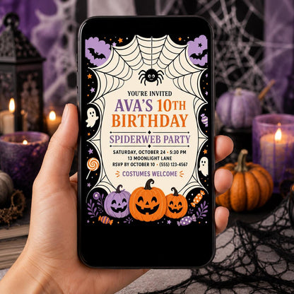 Spiderweb Birthday Invitation, Cute Halloween Party Invite for Kids, Pumpkin and Ghost Editable Canva Template