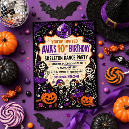 Skeleton Dance Party Birthday Invitation, Kids Halloween Disco Invite, Editable Canva Template, Instant Download