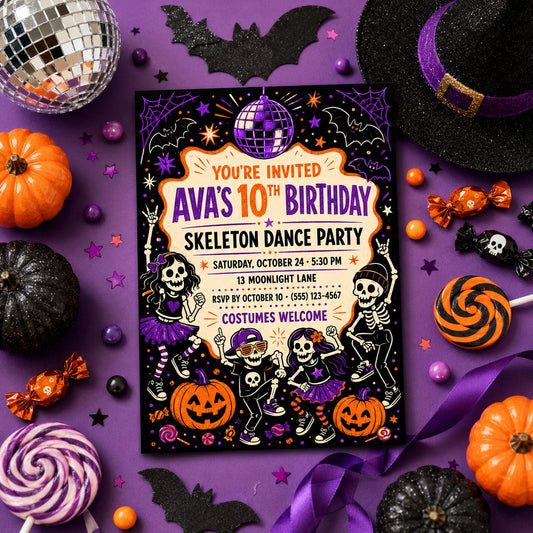 Skeleton Dance Party Birthday Invitation, Kids Halloween Disco Invite, Editable Canva Template, Instant Download