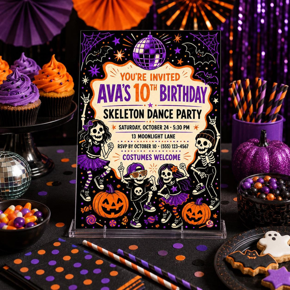 Skeleton Dance Party Birthday Invitation, Kids Halloween Disco Invite, Editable Canva Template, Instant Download