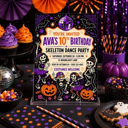 Skeleton Dance Party Birthday Invitation, Kids Halloween Disco Invite, Editable Canva Template, Instant Download