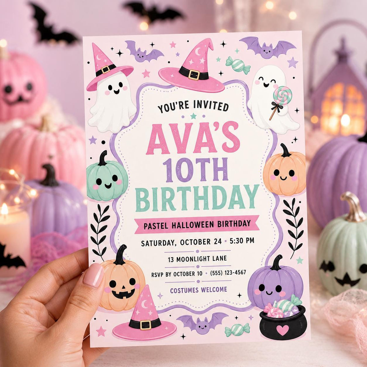 Pastel Halloween Birthday Invitation, Cute Ghost and Pumpkin Party Invite for Girls, Editable Canva Template, Instant Download