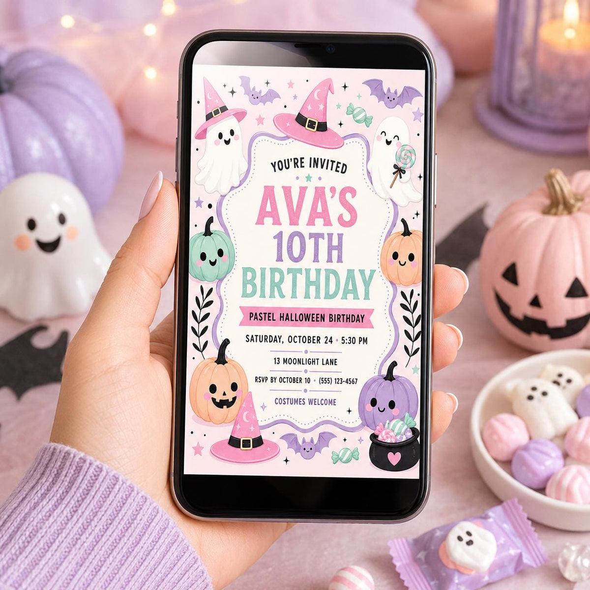 Pastel Halloween Birthday Invitation, Cute Ghost and Pumpkin Party Invite for Girls, Editable Canva Template, Instant Download