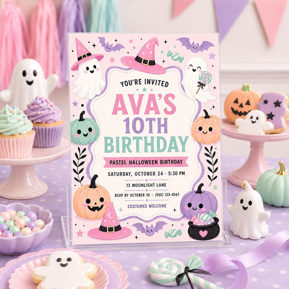 Pastel Halloween Birthday Invitation, Cute Ghost and Pumpkin Party Invite for Girls, Editable Canva Template, Instant Download