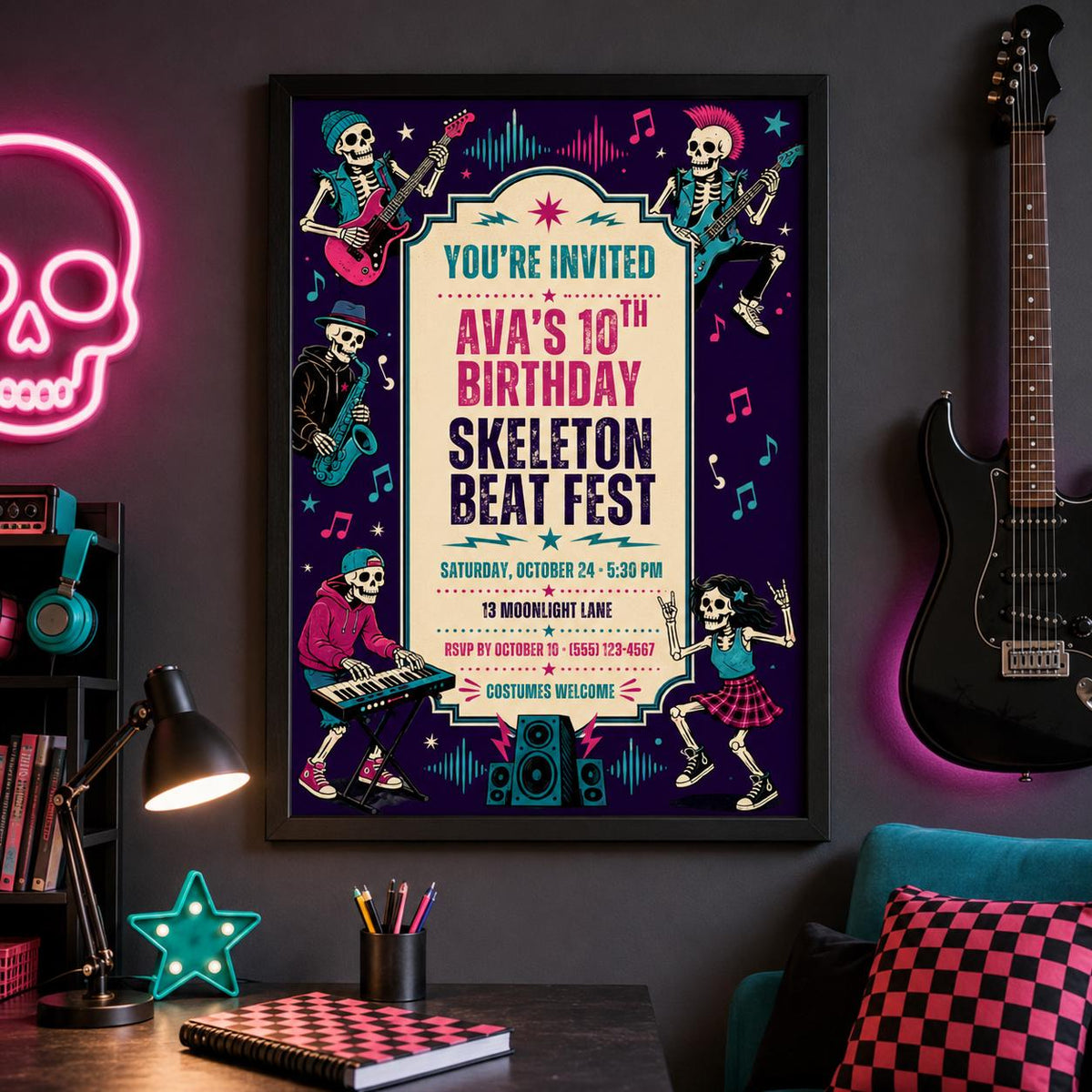 Skeleton Beat Fest Birthday Invitation, Halloween Music Party Invite, Rock Band Birthday, Editable Canva Template, Instant Download