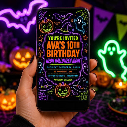 Neon Halloween Birthday Invitation, Glow in the Dark Party Invite for Kids, Editable Canva Template, Instant Download