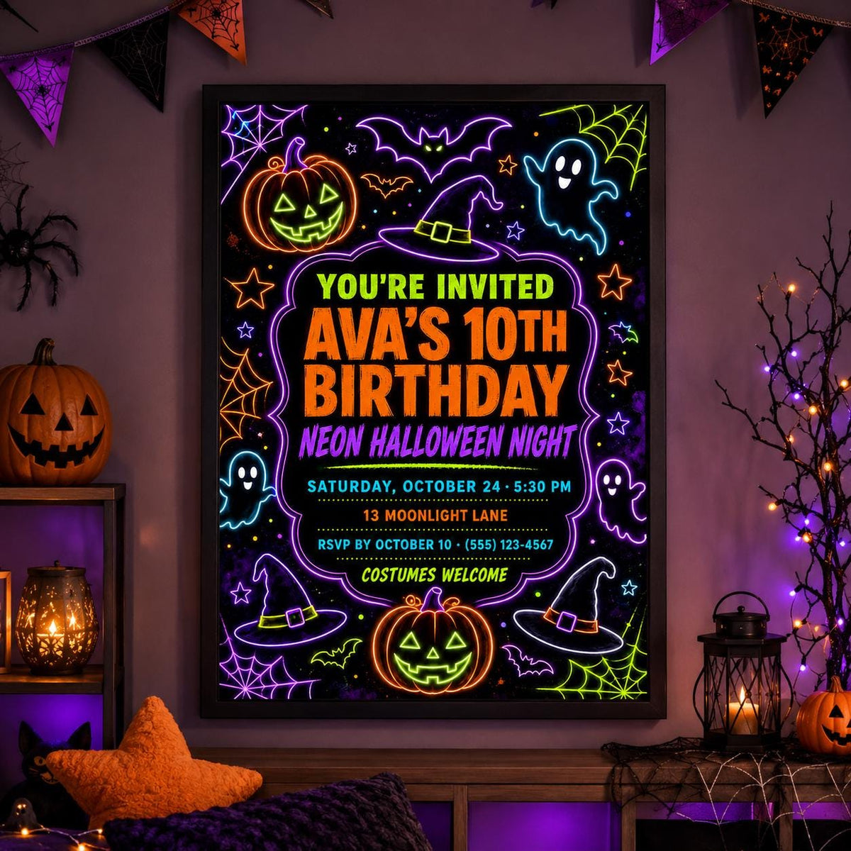 Neon Halloween Birthday Invitation, Glow in the Dark Party Invite for Kids, Editable Canva Template, Instant Download
