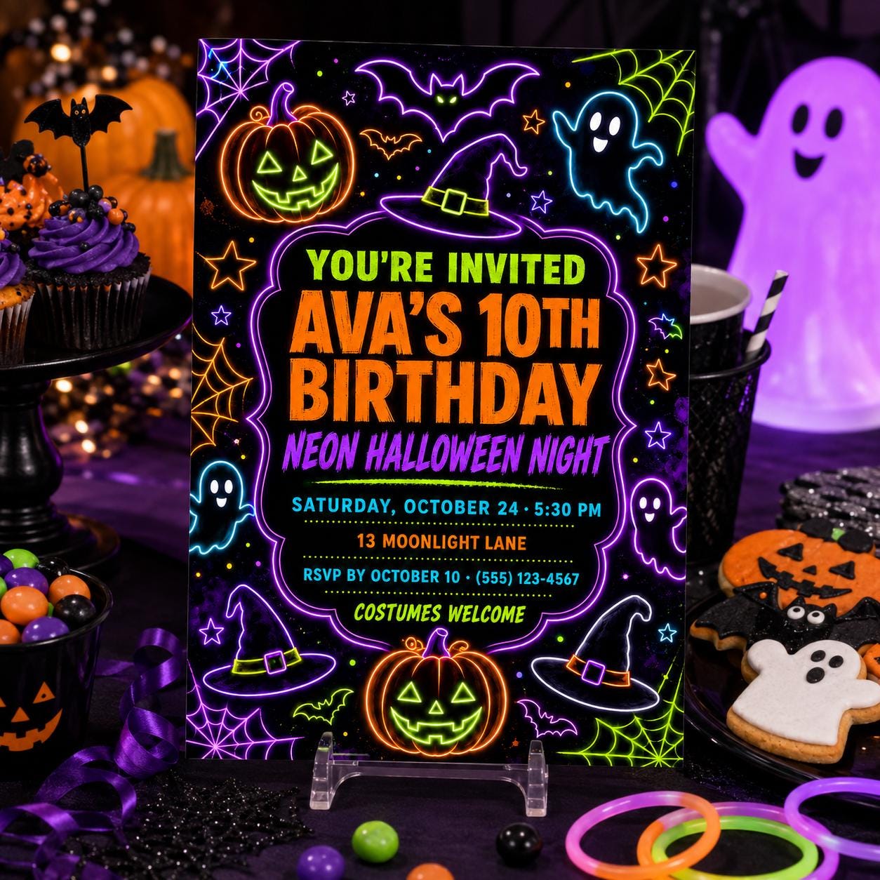 Neon Halloween Birthday Invitation, Glow in the Dark Party Invite for Kids, Editable Canva Template, Instant Download