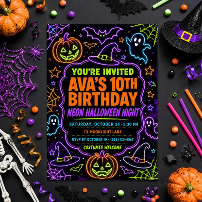 Neon Halloween Birthday Invitation, Glow in the Dark Party Invite for Kids, Editable Canva Template, Instant Download