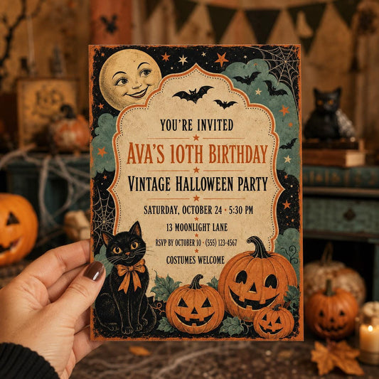Vintage Halloween Birthday Invitation, Retro Black Cat and Pumpkin Party Invite, Editable Canva Template, Instant Download