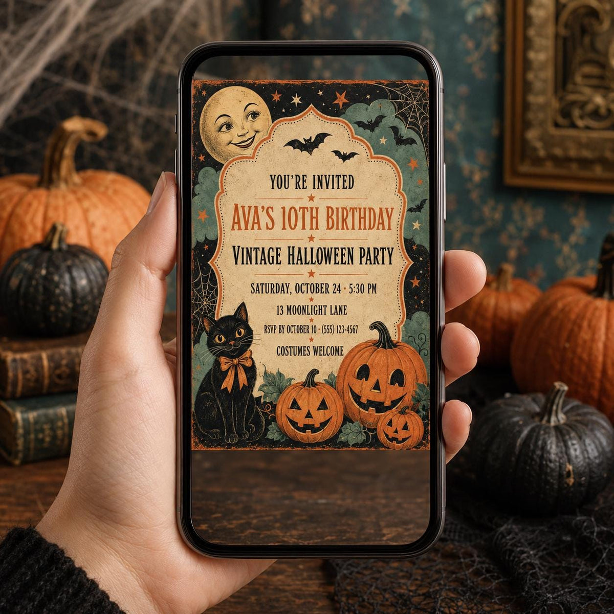 Vintage Halloween Birthday Invitation, Retro Black Cat and Pumpkin Party Invite, Editable Canva Template, Instant Download