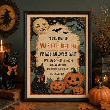 Vintage Halloween Birthday Invitation, Retro Black Cat and Pumpkin Party Invite, Editable Canva Template, Instant Download