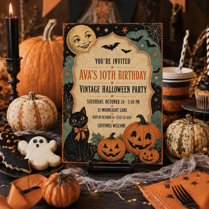Vintage Halloween Birthday Invitation, Retro Black Cat and Pumpkin Party Invite, Editable Canva Template, Instant Download