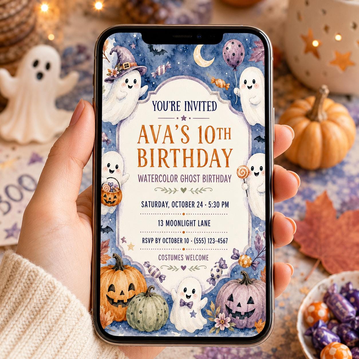 Watercolor Ghost Birthday Invitation, Cute Halloween Party Invite for Kids, Pastel Pumpkin Editable Canva Template