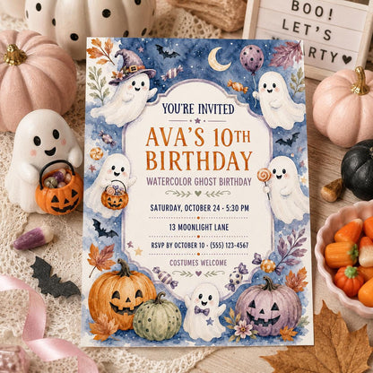 Watercolor Ghost Birthday Invitation, Cute Halloween Party Invite for Kids, Pastel Pumpkin Editable Canva Template