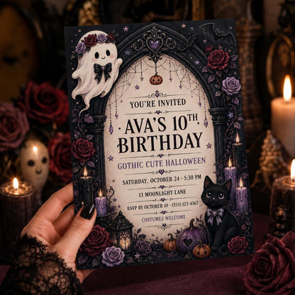 Gothic Cute Halloween Birthday Invitation, Black Cat Ghost Party Invite, Editable Canva Template, Instant Download