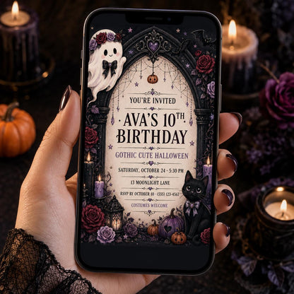 Gothic Cute Halloween Birthday Invitation, Black Cat Ghost Party Invite, Editable Canva Template, Instant Download