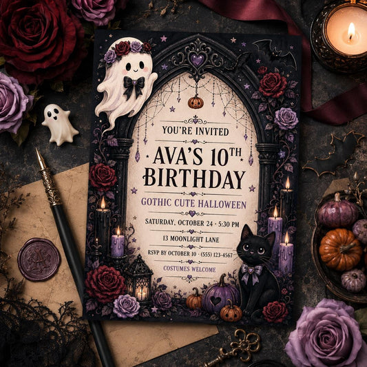 Gothic Cute Halloween Birthday Invitation, Black Cat Ghost Party Invite, Editable Canva Template, Instant Download