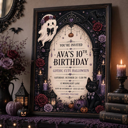 Gothic Cute Halloween Birthday Invitation, Black Cat Ghost Party Invite, Editable Canva Template, Instant Download