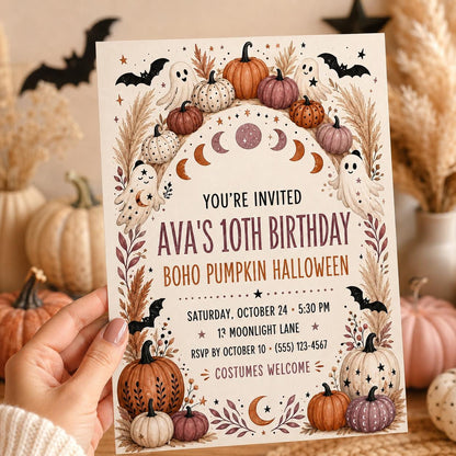 Boho Pumpkin Halloween Birthday Invitation, Neutral Ghost Party Invite, Autumn Celestial Editable Canva Template