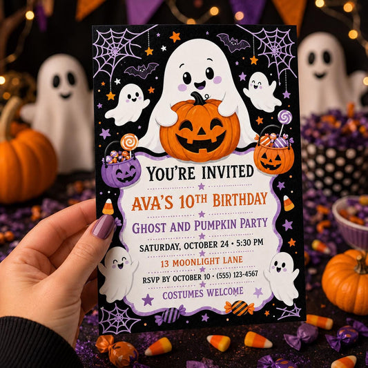 Ghost and Pumpkin Birthday Invitation, Cute Halloween Party Invite for Kids, Editable Canva Template, Instant Download