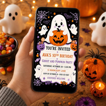 Ghost and Pumpkin Birthday Invitation, Cute Halloween Party Invite for Kids, Editable Canva Template, Instant Download