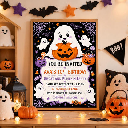 Ghost and Pumpkin Birthday Invitation, Cute Halloween Party Invite for Kids, Editable Canva Template, Instant Download