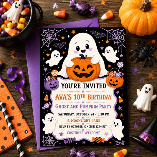 Ghost and Pumpkin Birthday Invitation, Cute Halloween Party Invite for Kids, Editable Canva Template, Instant Download
