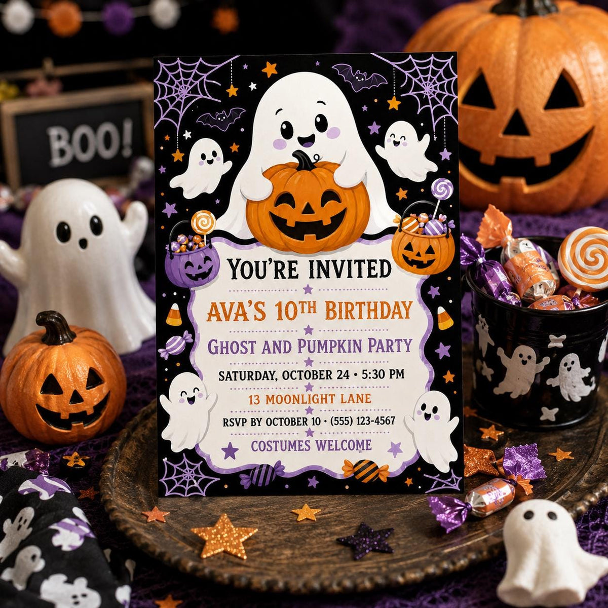 Ghost and Pumpkin Birthday Invitation, Cute Halloween Party Invite for Kids, Editable Canva Template, Instant Download