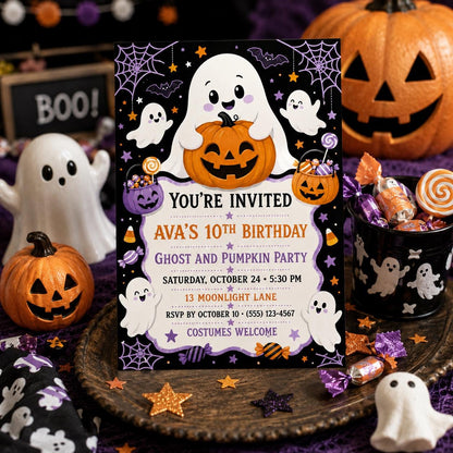 Ghost and Pumpkin Birthday Invitation, Cute Halloween Party Invite for Kids, Editable Canva Template, Instant Download