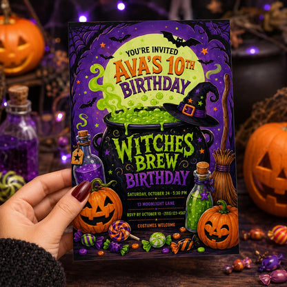 Witches Brew Birthday Invitation, Halloween Potion Party Invite for Kids, Editable Canva Template, Instant Download