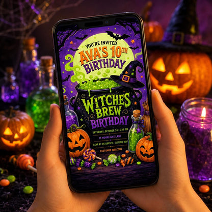 Witches Brew Birthday Invitation, Halloween Potion Party Invite for Kids, Editable Canva Template, Instant Download