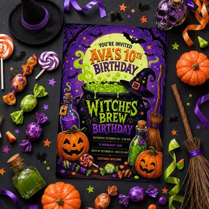Witches Brew Birthday Invitation, Halloween Potion Party Invite for Kids, Editable Canva Template, Instant Download