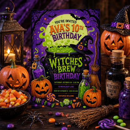 Witches Brew Birthday Invitation, Halloween Potion Party Invite for Kids, Editable Canva Template, Instant Download