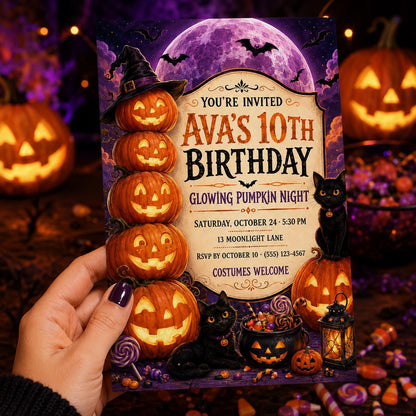 Glowing Pumpkin Night Birthday Invitation, Black Cat Halloween Party Invite, Editable Canva Template, Instant Download