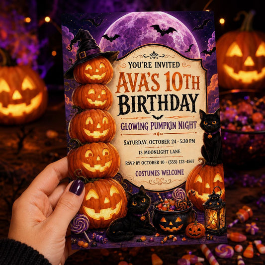Glowing Pumpkin Night Birthday Invitation, Black Cat Halloween Party Invite, Editable Canva Template, Instant Download
