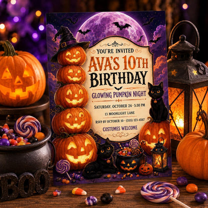 Glowing Pumpkin Night Birthday Invitation, Black Cat Halloween Party Invite, Editable Canva Template, Instant Download