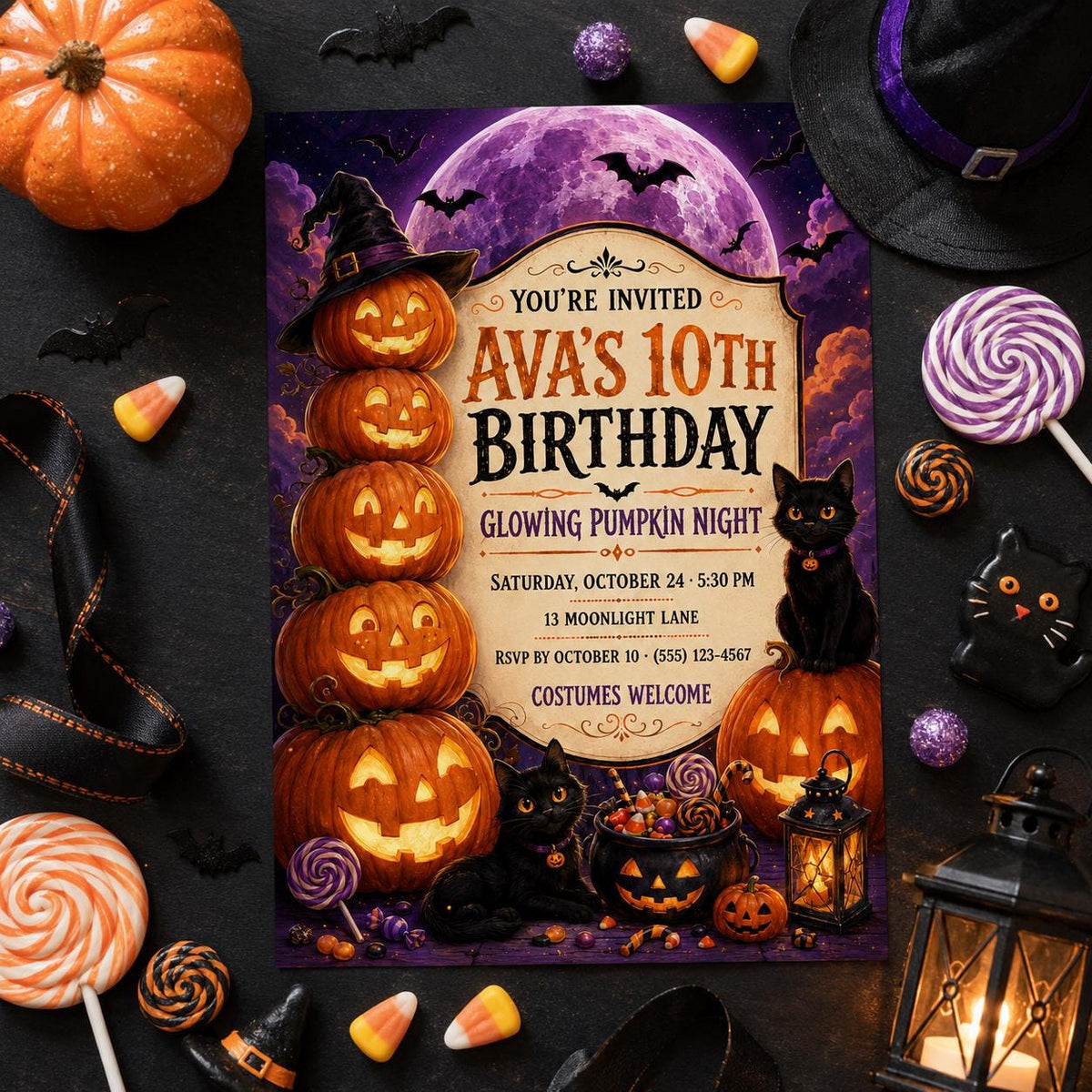 Glowing Pumpkin Night Birthday Invitation, Black Cat Halloween Party Invite, Editable Canva Template, Instant Download