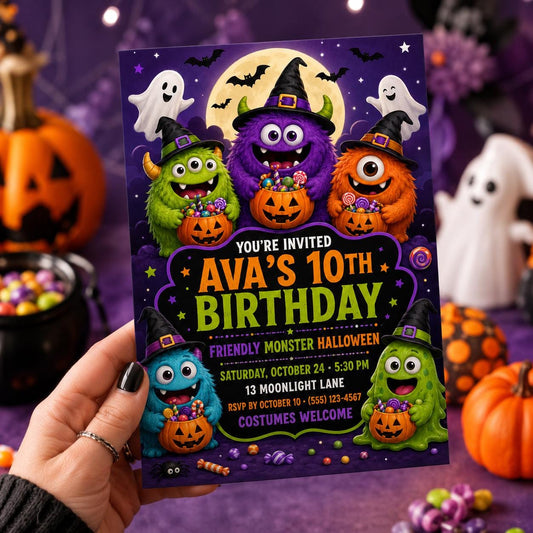 Friendly Monster Halloween Birthday Invitation, Cute Trick or Treat Party Invite for Kids, Editable Canva Template, Instant Download
