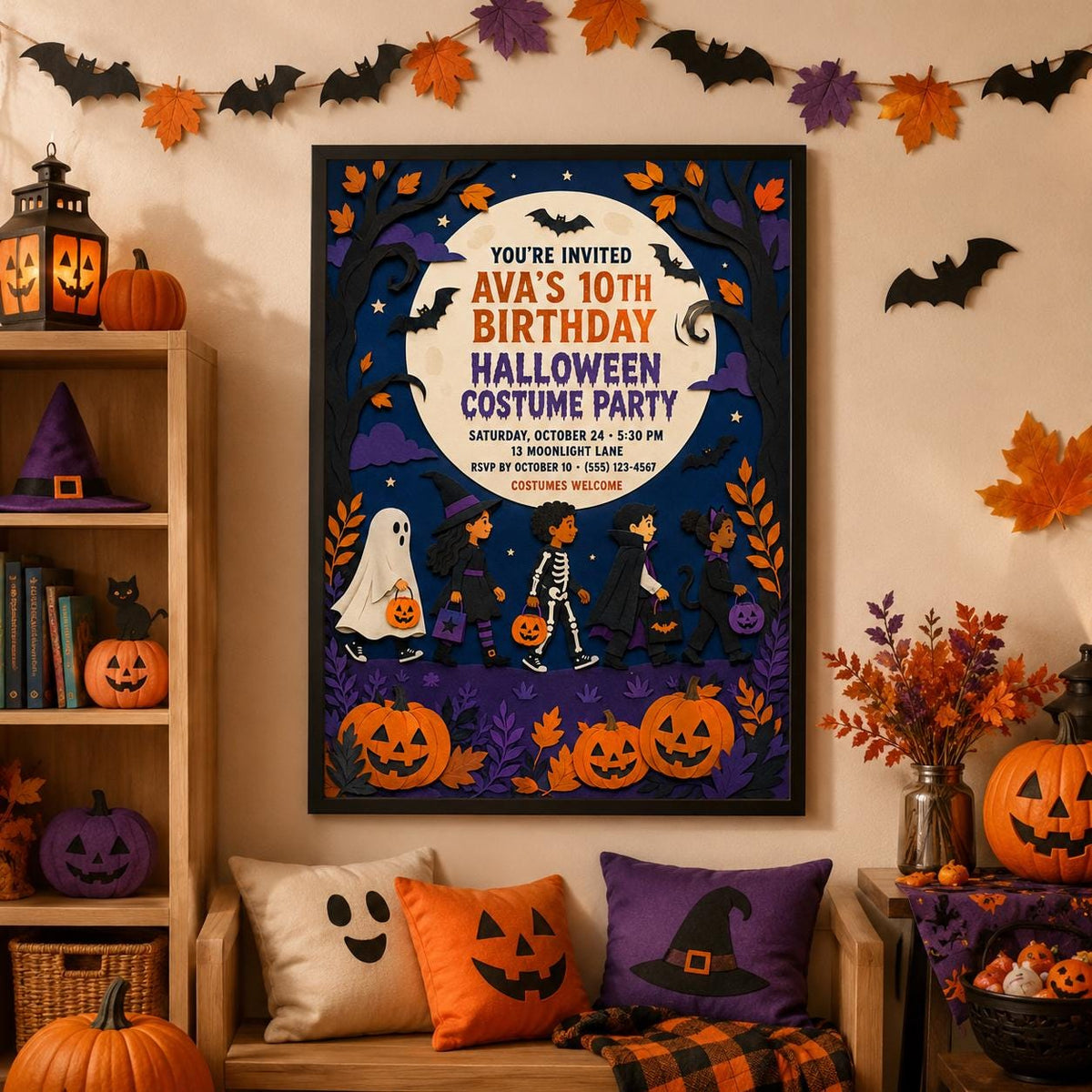 Halloween Costume Party Birthday Invitation, Trick or Treat Kids Party Invite, Editable Canva Template, Instant Download
