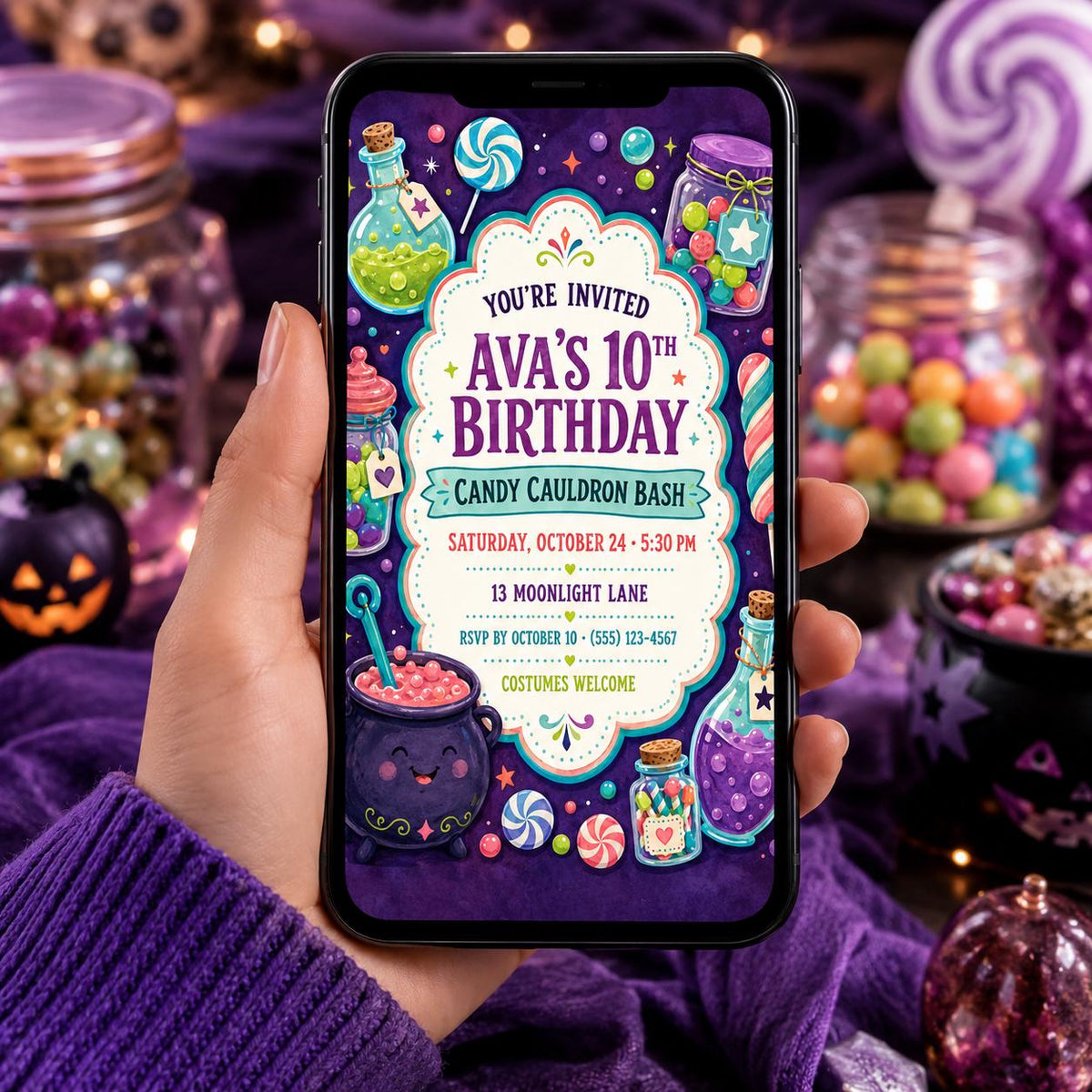 Candy Cauldron Birthday Invitation, Witch Potion Halloween Party Invite for Girls, Editable Canva Template, Instant Download