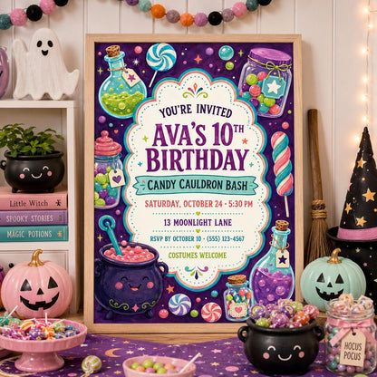 Candy Cauldron Birthday Invitation, Witch Potion Halloween Party Invite for Girls, Editable Canva Template, Instant Download