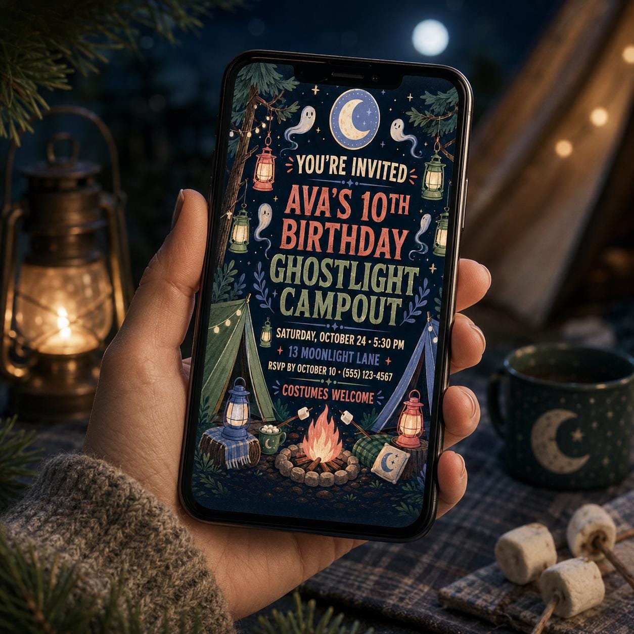 Ghost Light Campout Birthday Invitation, Halloween Camping Party Invite for Kids, Editable Canva Template, Instant Download