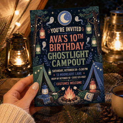 Ghost Light Campout Birthday Invitation, Halloween Camping Party Invite for Kids, Editable Canva Template, Instant Download