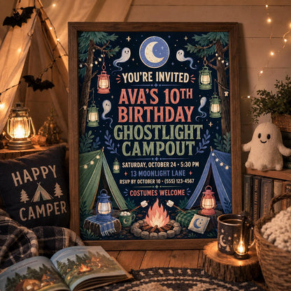 Ghost Light Campout Birthday Invitation, Halloween Camping Party Invite for Kids, Editable Canva Template, Instant Download
