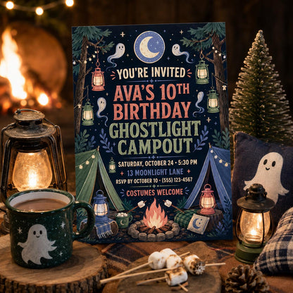 Ghost Light Campout Birthday Invitation, Halloween Camping Party Invite for Kids, Editable Canva Template, Instant Download
