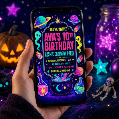 Cosmic Cauldron Birthday Invitation, Neon Space Halloween Party Invite for Kids, Editable Canva Template, Instant Download