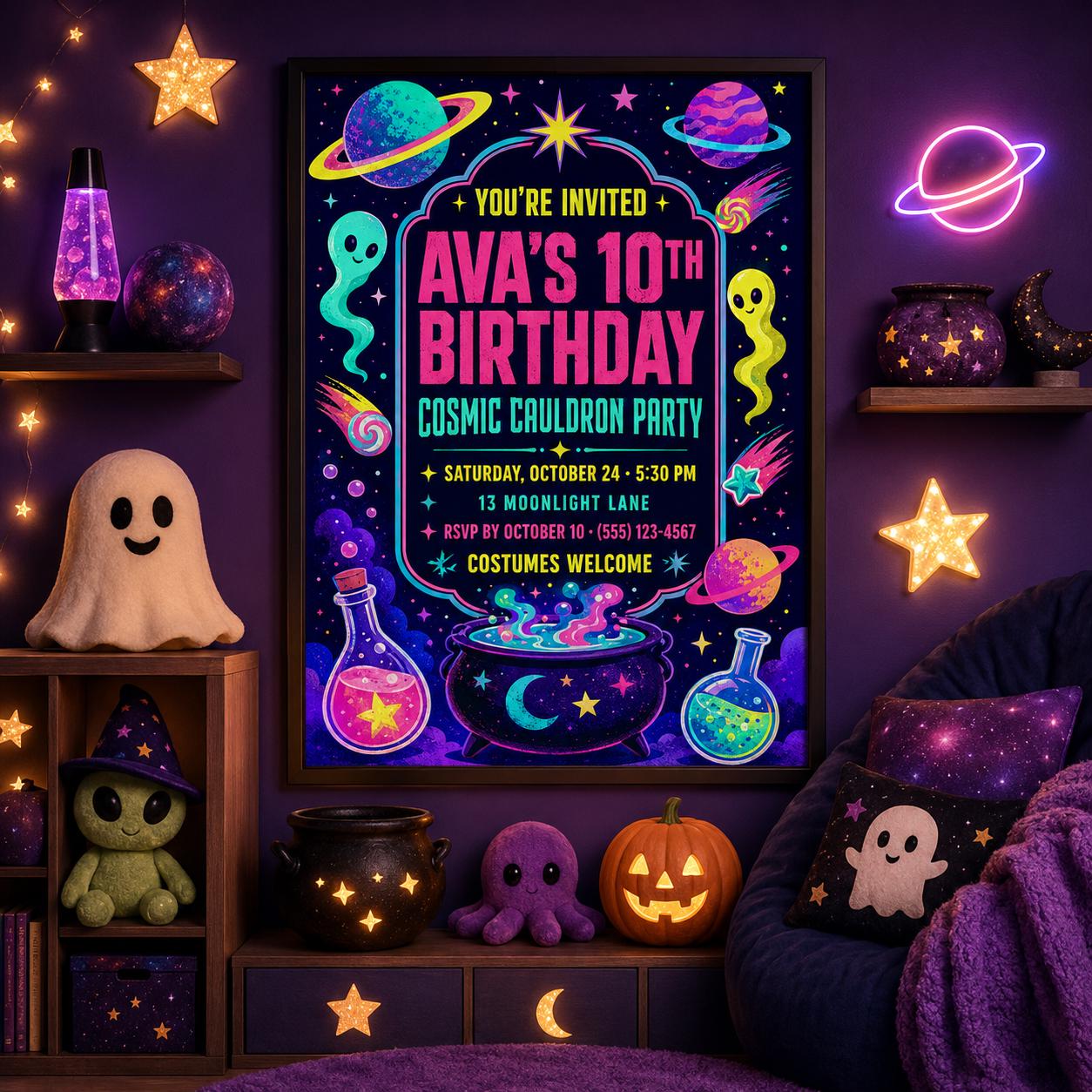 Cosmic Cauldron Birthday Invitation, Neon Space Halloween Party Invite for Kids, Editable Canva Template, Instant Download