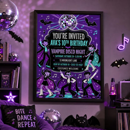 Vampire Disco Birthday Invitation, Halloween Dance Party Invite for Kids, Editable Canva Template, Instant Download